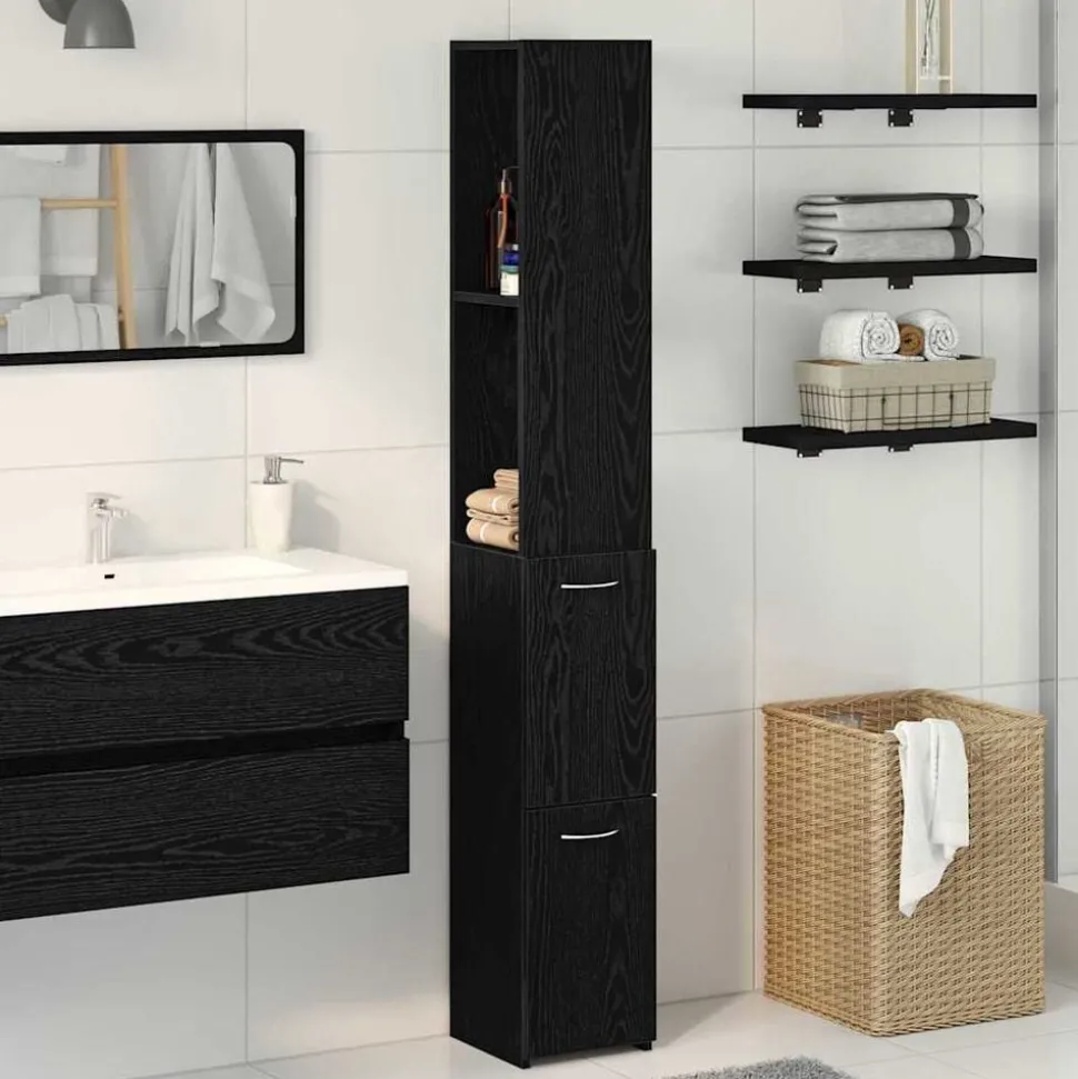vidaXL Badkamer Kast Zwart Eiken 25 x 25 x 170 cm Bewerkt hout