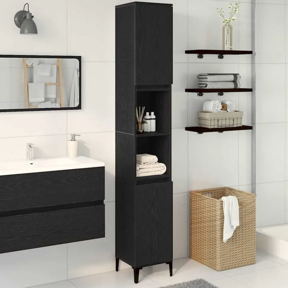 vidaXL Badkamer Kast Zwart Eiken 30 x 30 x 190 cm Bewerkt hout
