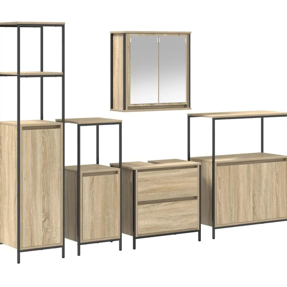 vidaXL Badkamermeubelset met plank met opslag 5 pcs Beige Bewerkt hout