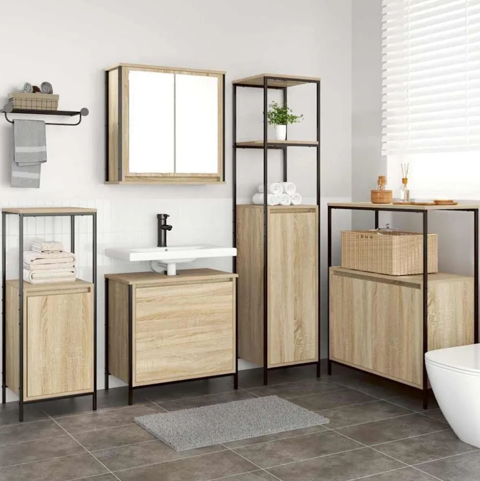 vidaXL Badkamermeubelset met plank met opslag 5 pcs Beige Bewerkt hout