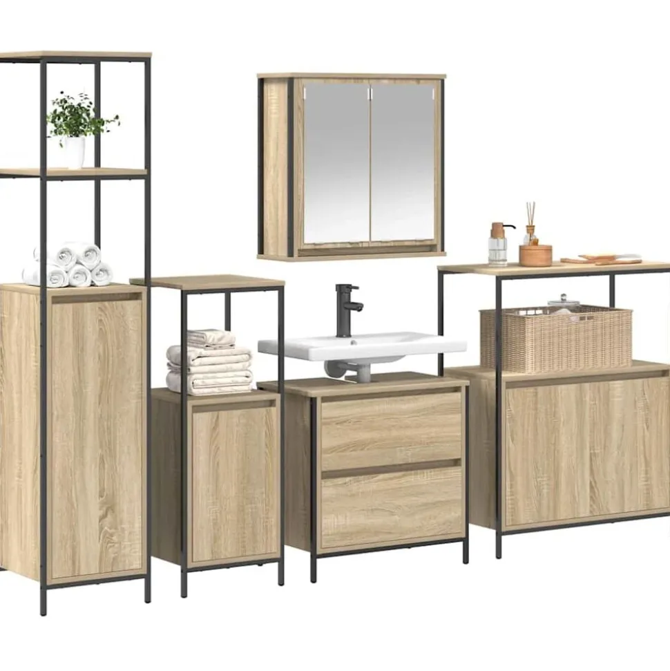 vidaXL Badkamermeubelset met plank met opslag 5 pcs Beige Bewerkt hout