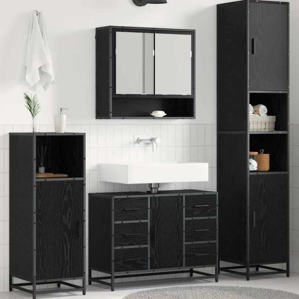 vidaXL Badkamermeubelset met lade 4 pcs Zwart Eiken Bewerkt hout