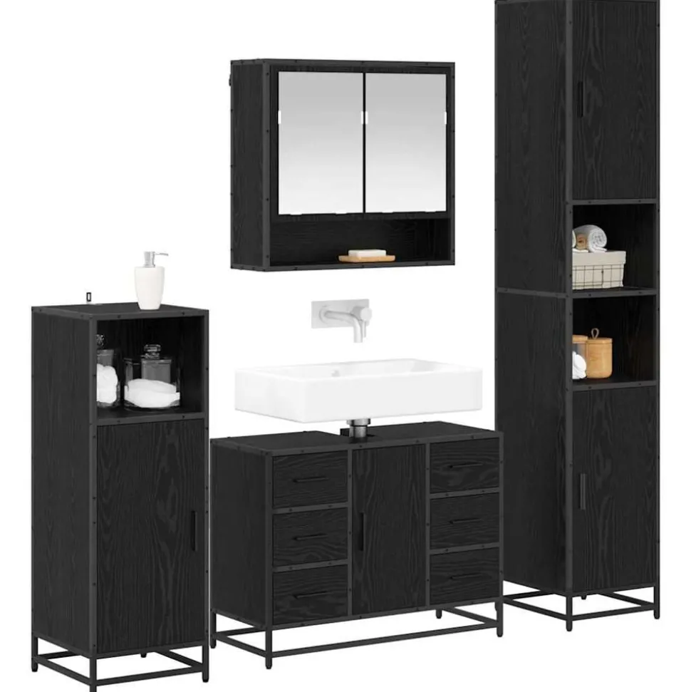 vidaXL Badkamermeubelset met lade 4 pcs Zwart Eiken Bewerkt hout