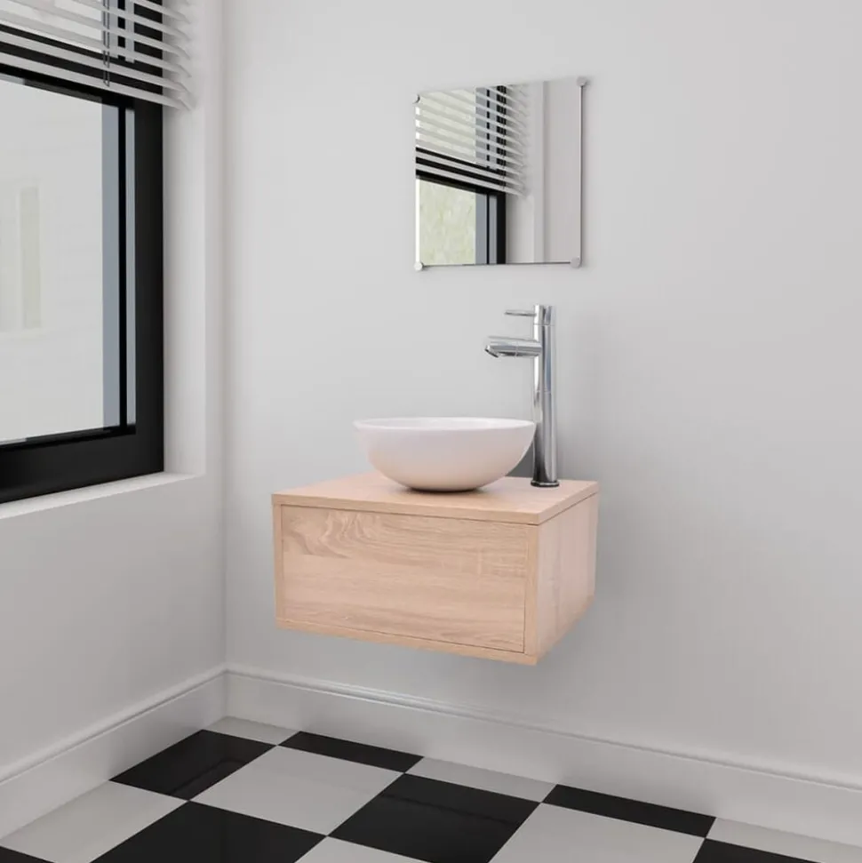 vidaXL Badkamermeubelset 4-delig met kraan en wasbak beige