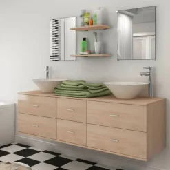 vidaXL Badkamermeubelset 9-delig met kraan en wasbak beige