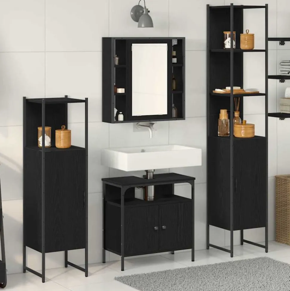 vidaXL Badkamermeubelset met plank 4 pcs Zwart Eiken Bewerkt hout