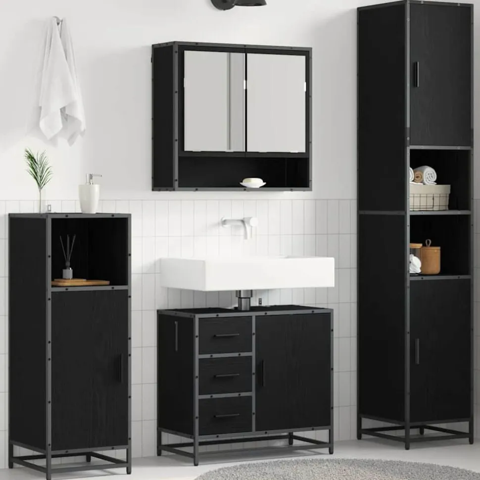 vidaXL Badkamermeubelset met lade 3 pcs Zwart Eiken Bewerkt hout