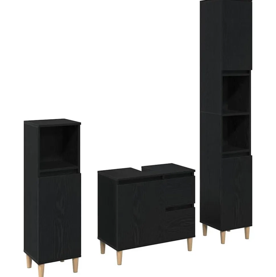 vidaXL Badkamermeubelset 3 pcs Zwart Eiken Geperst Hout en Metaal