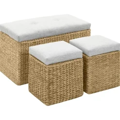 vidaXL Bankje met 2 poefs zeegras grijs
