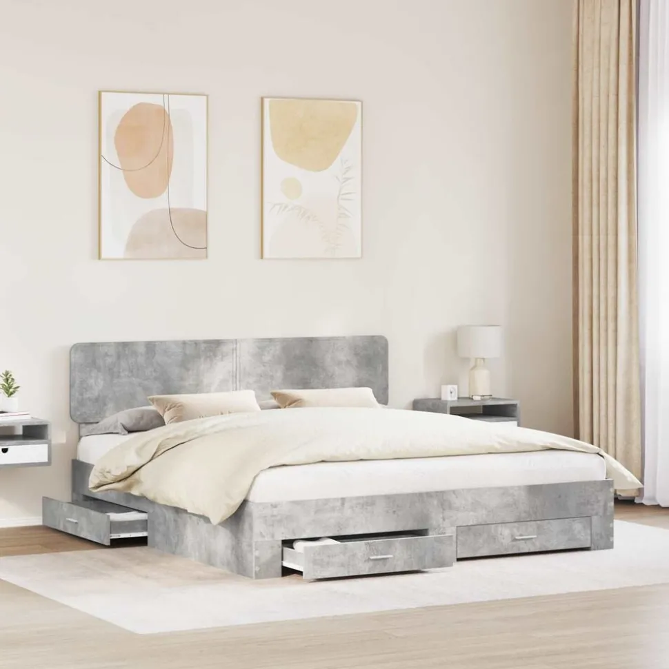vidaXL Bedframe met hoofdeinde Beton Grijs 200 x 200 cm Bewerkt hout