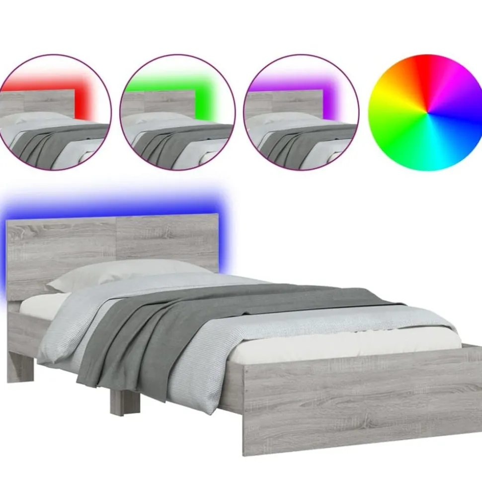 vidaXL Bedframe met hoofdbord en LED grijs sonoma eiken 100x200 cm