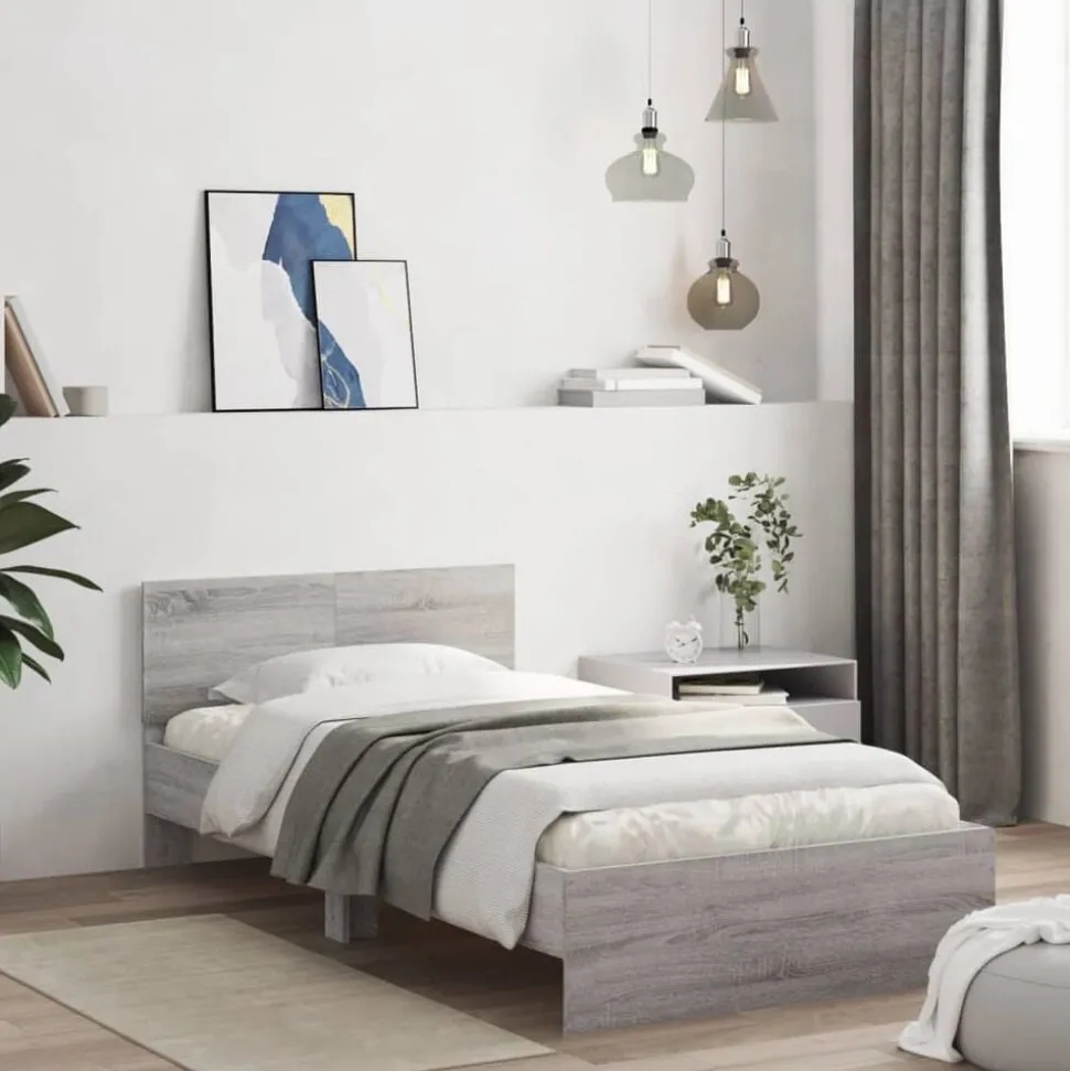 vidaXL Bedframe met hoofdbord en LED grijs sonoma eiken 100x200 cm