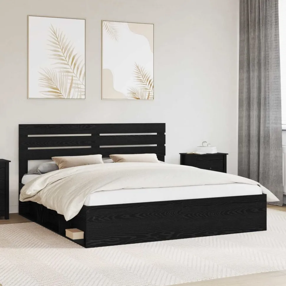 vidaXL Bedframe met hoofdeinde Zwart 200 x 200 cm Massief grenenhout