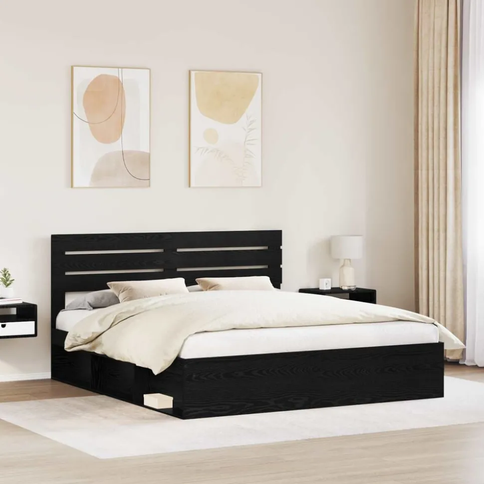 vidaXL Bedframe met hoofdeinde Zwart 200 x 200 cm Massief grenenhout