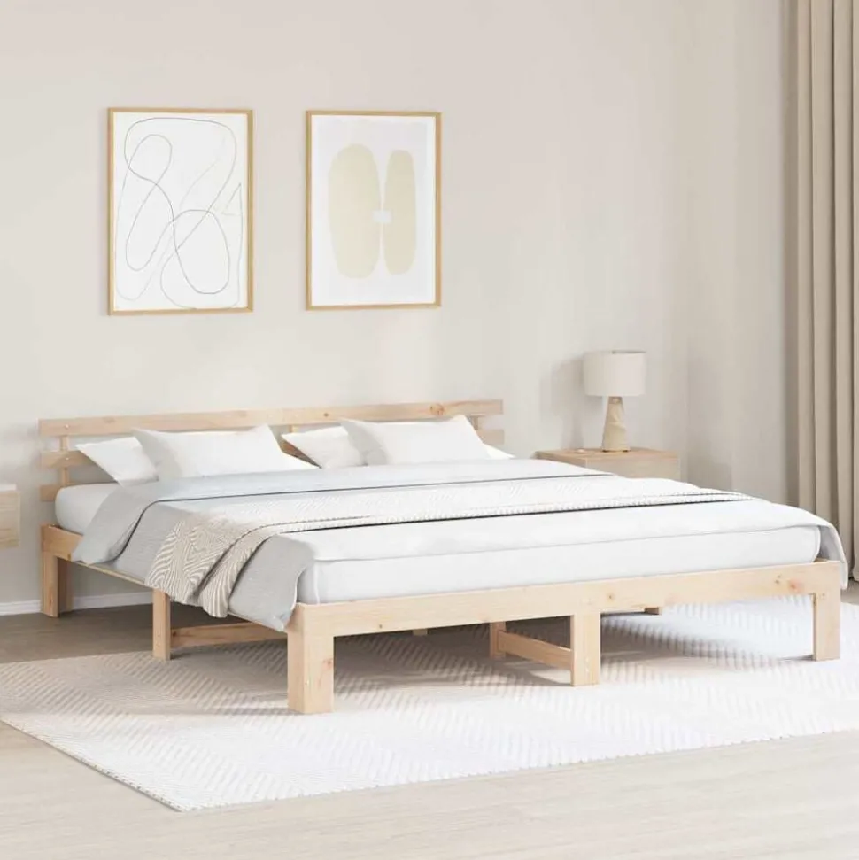 vidaXL Bedframe met hoofdeinde Naturel 200 x 200 cm Massief grenenhout