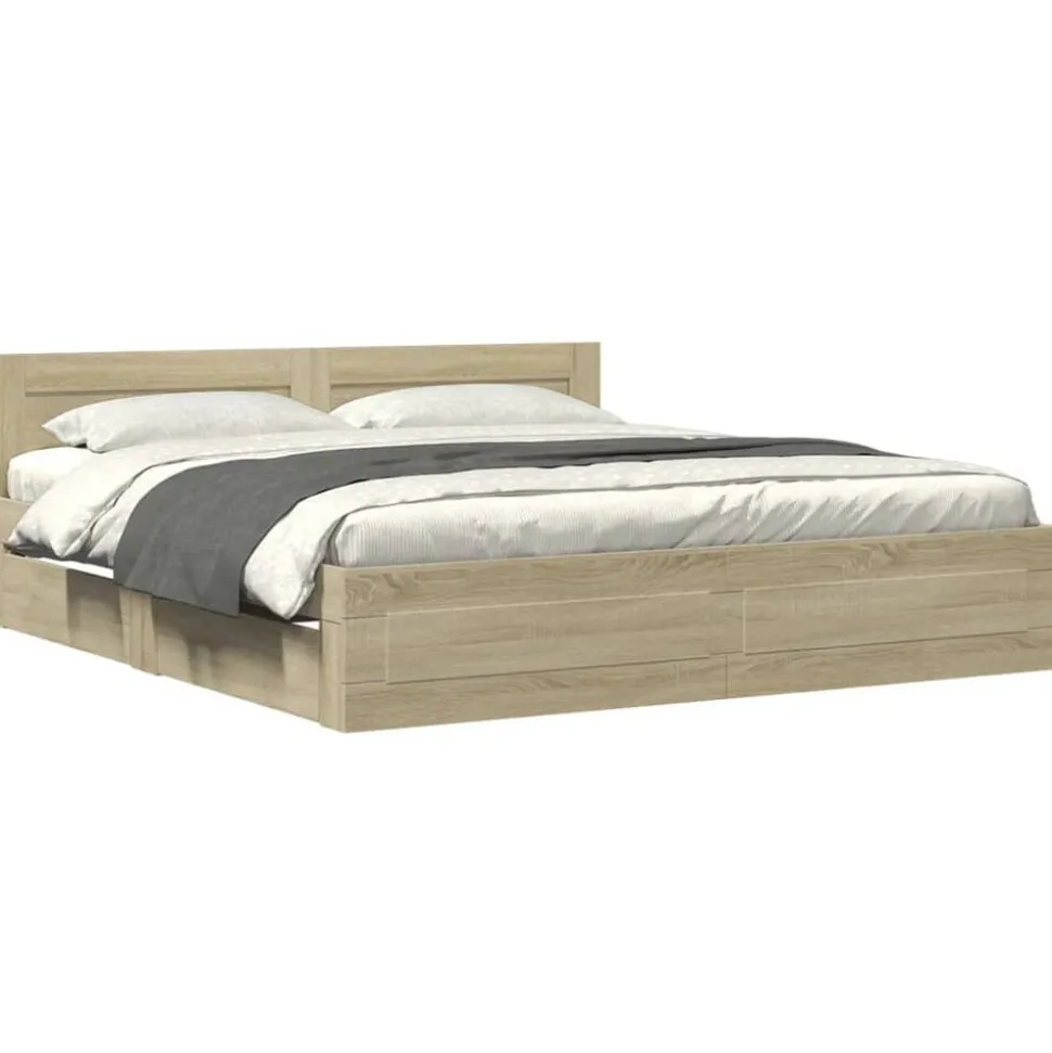 vidaXL Bedframe met hoofdeinde bewerkt hout sonoma eiken 200x200 cm