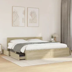 vidaXL Bedframe met hoofdeinde bewerkt hout sonoma eiken 200x200 cm