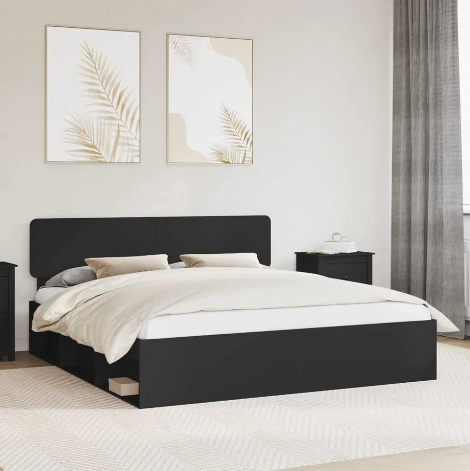 vidaXL Bedframe met hoofdeinde Zwart 200 x 200 cm Massief grenenhout