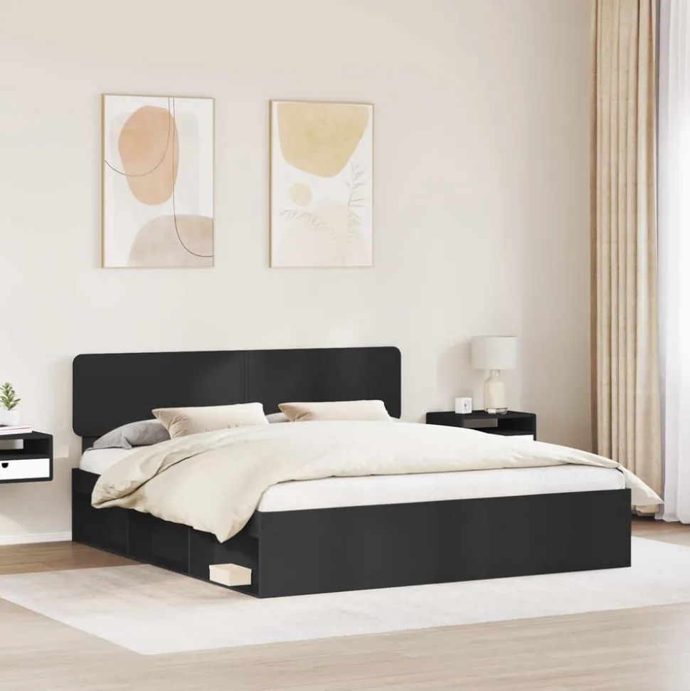 vidaXL Bedframe met hoofdeinde Zwart 200 x 200 cm Massief grenenhout