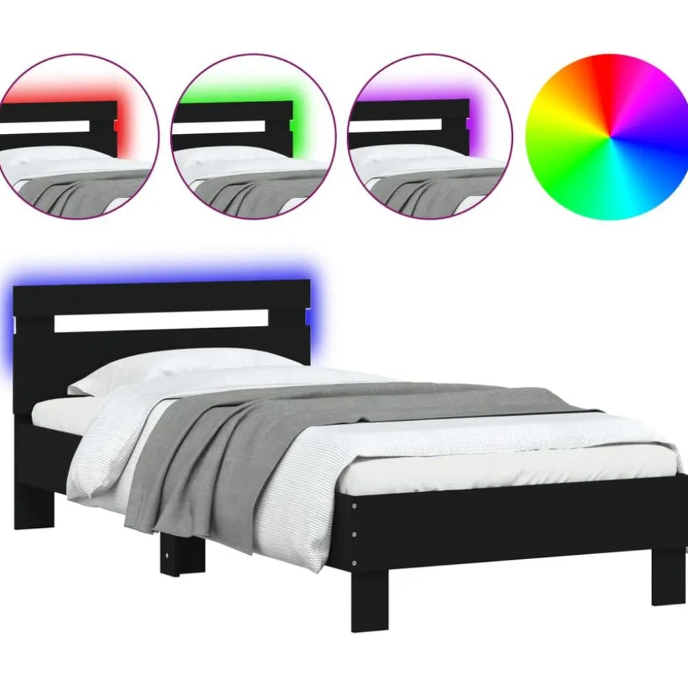 vidaXL Bedframe met hoofdbord en LED-verlichting zwart 90x200 cm