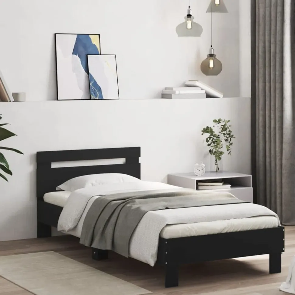 vidaXL Bedframe met hoofdbord en LED-verlichting zwart 90x200 cm