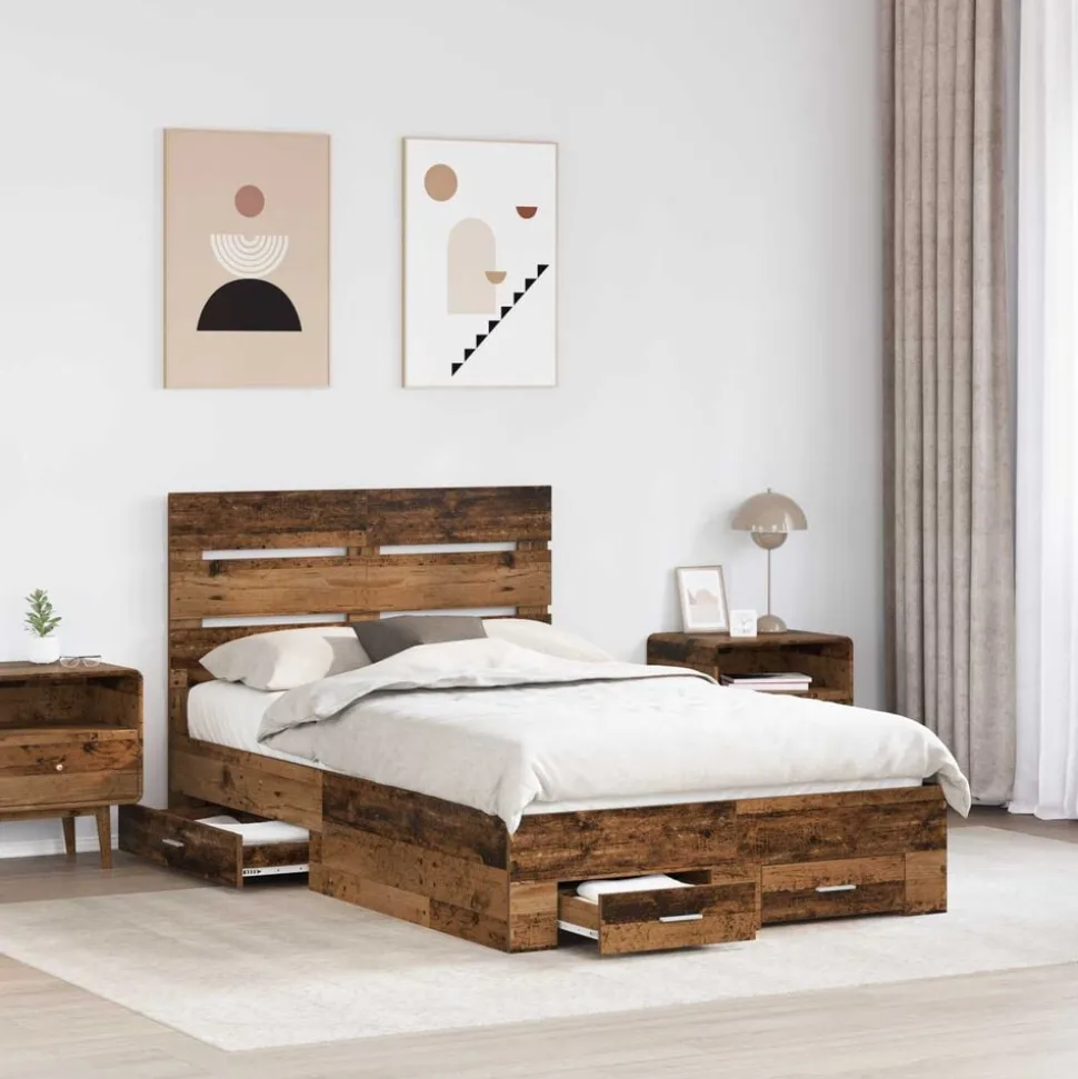 vidaXL Bedframe met lade met opslag Oudhout 120 x 190 cm Bewerkt hout