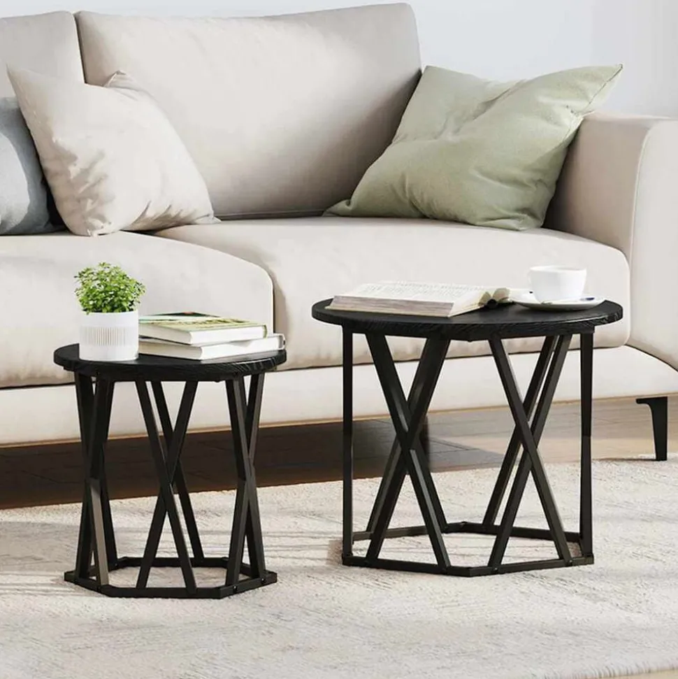 vidaXL Bijzettafel 2 pcs Zwart Eiken Engineered hout en staal