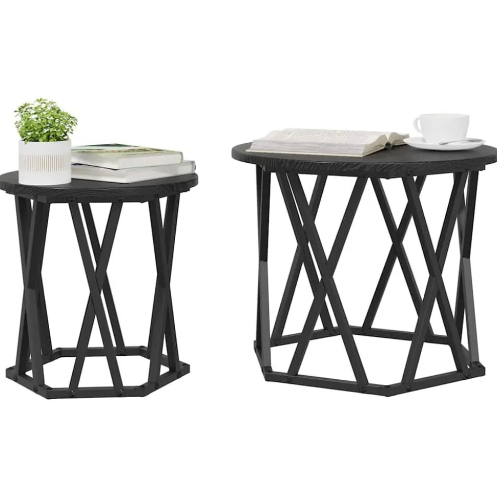 vidaXL Bijzettafel 2 pcs Zwart Eiken Engineered hout en staal