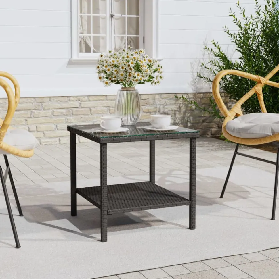 vidaXL Bijzettafel 45x45x45 cm poly rattan en gehard glas zwart