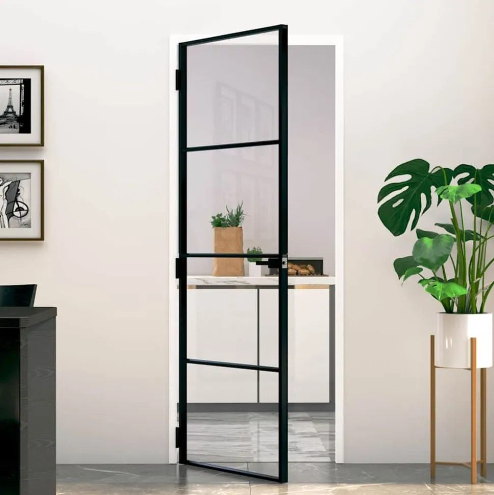 vidaXL Binnendeur 76x201,5 cm gehard glas en aluminium smal zwart