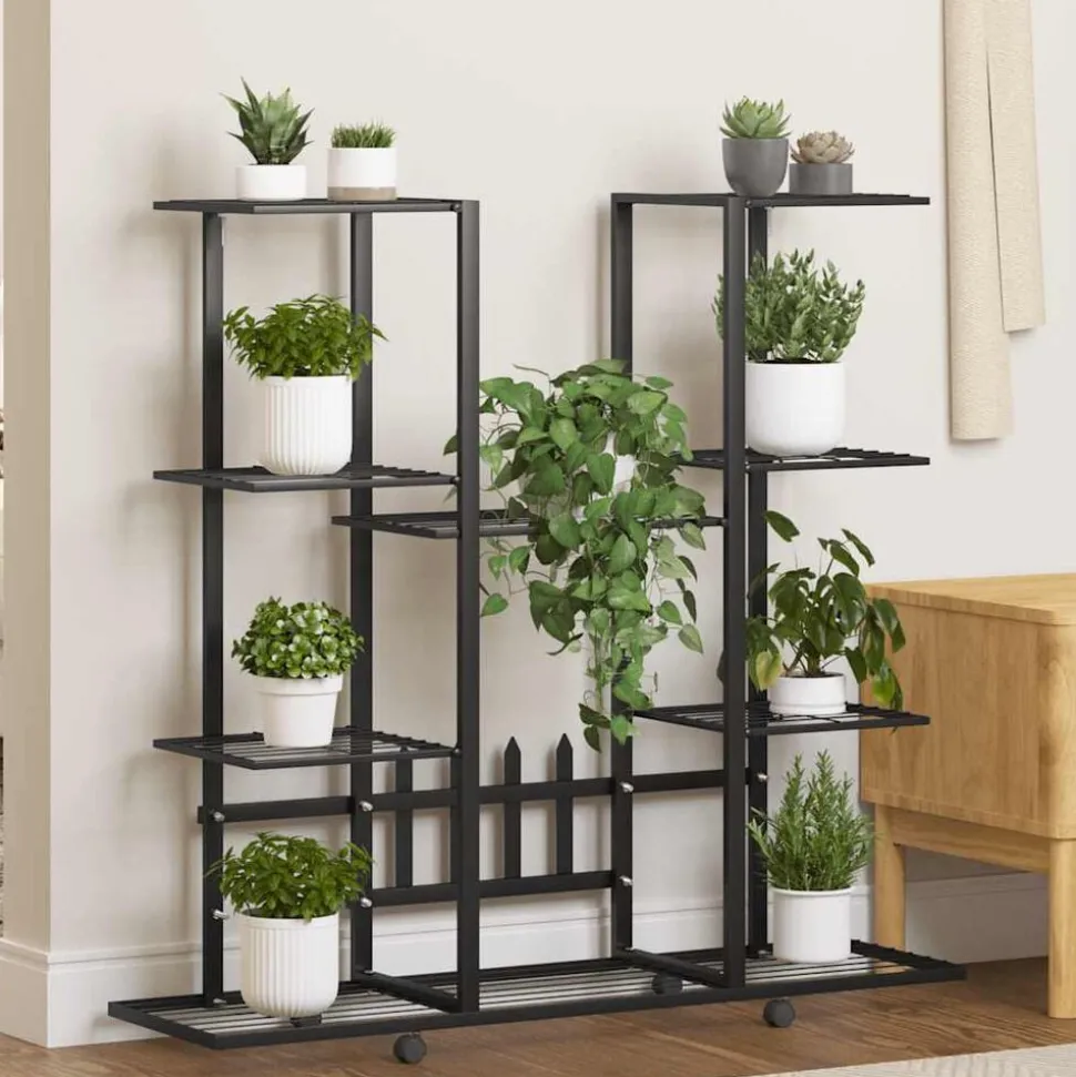 vidaXL Bloemenstandaard met wielen 94,5x24,5x91,5 cm ijzer zwart