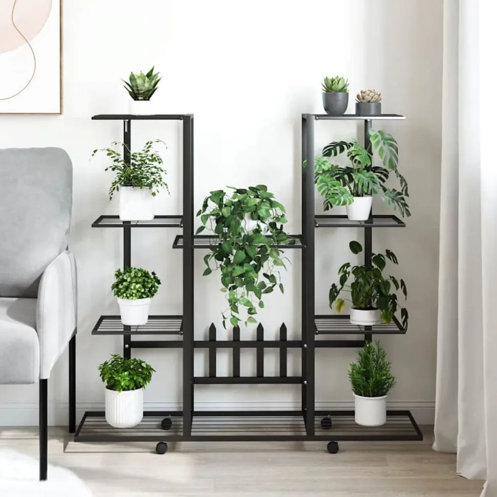 vidaXL Bloemenstandaard met wielen 94,5x24,5x91,5 cm ijzer zwart