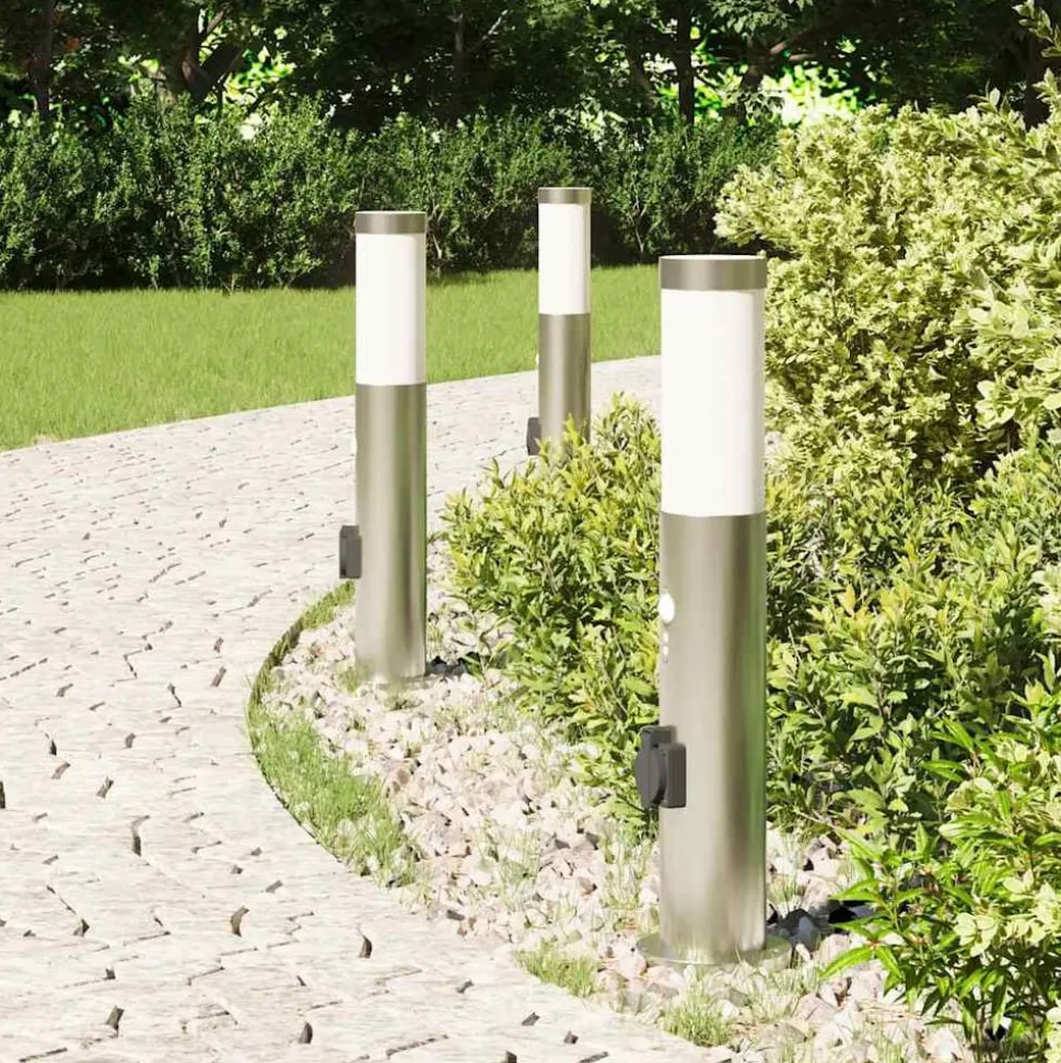 vidaXL Bolderverlichting met sensor en stopcontact 3 stuks 50 cm roestvrij staal IP44