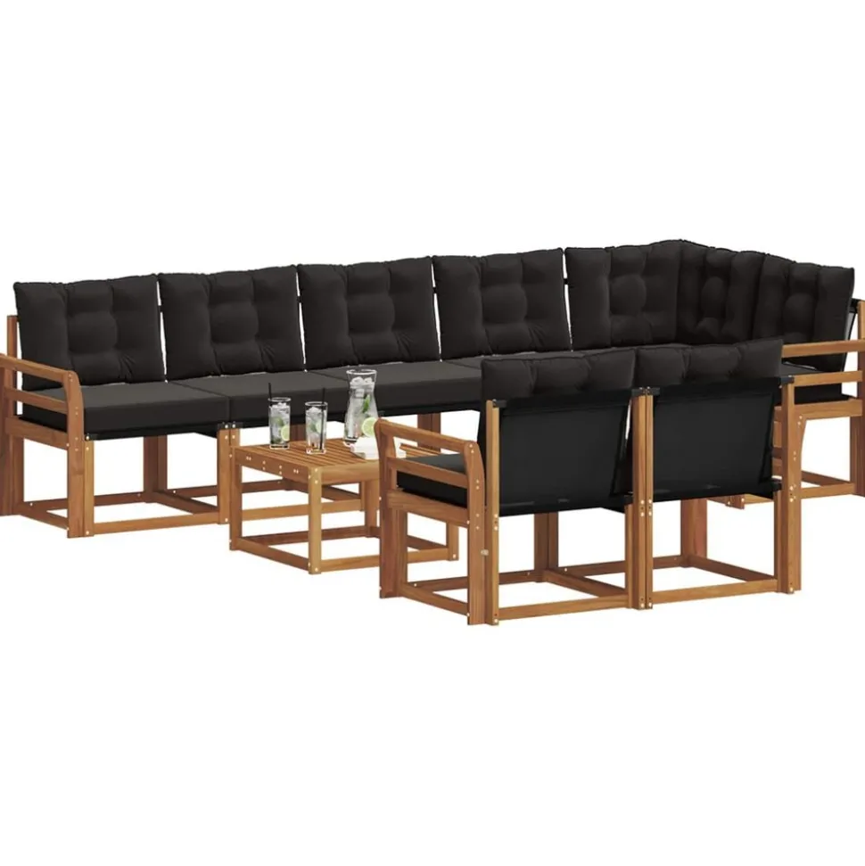 vidaXL Buiten bankenset met kussen 9 pcs Natuurlijk en Zwart