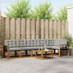 vidaXL Buiten bankenset met kussen 7 pcs Natuurlijk en Lichtgrijs