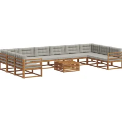 vidaXL Buiten bankenset met kussen 11 pcs Natuurlijk en Lichtgrijs