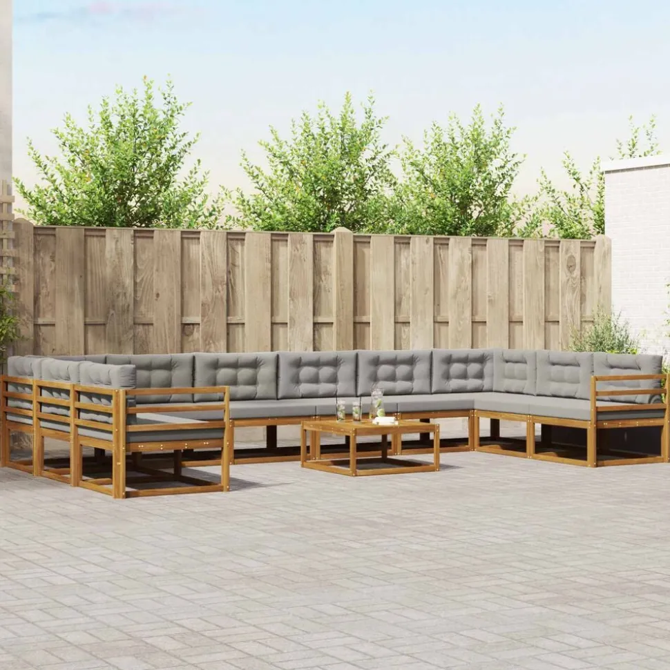 vidaXL Buiten bankenset met kussen 11 pcs Natuurlijk en Lichtgrijs