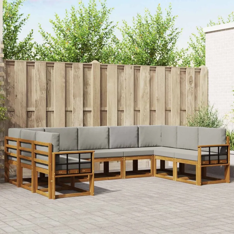 vidaXL Buiten bankenset met kussen 9 pcs Natuurlijk en Lichtgrijs