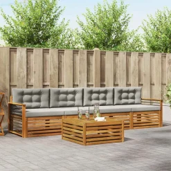 vidaXL Buiten bankenset met kussen 5 pcs Natuurlijk en Lichtgrijs