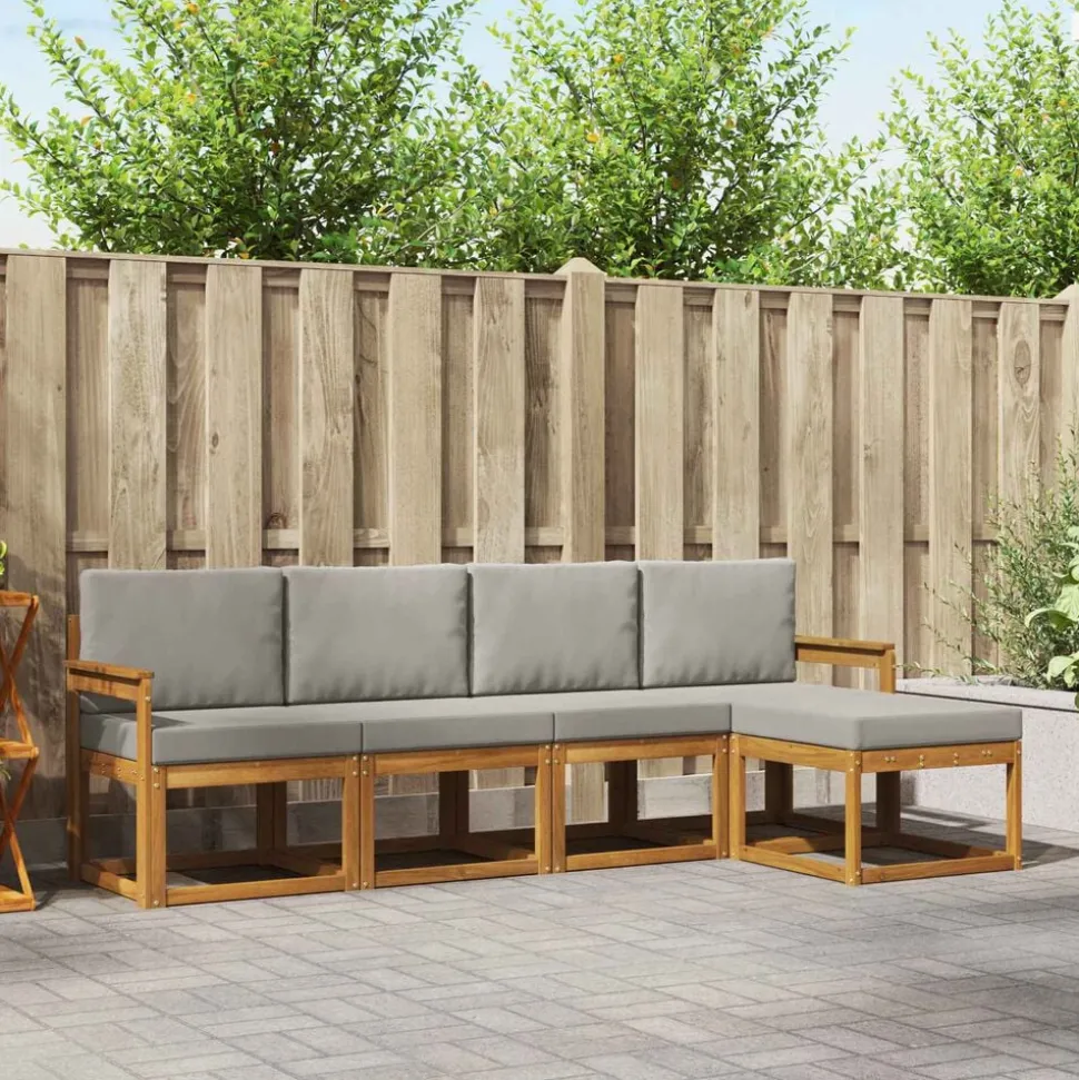 vidaXL Buiten bankenset met kussen 5 pcs Natuurlijk en Lichtgrijs