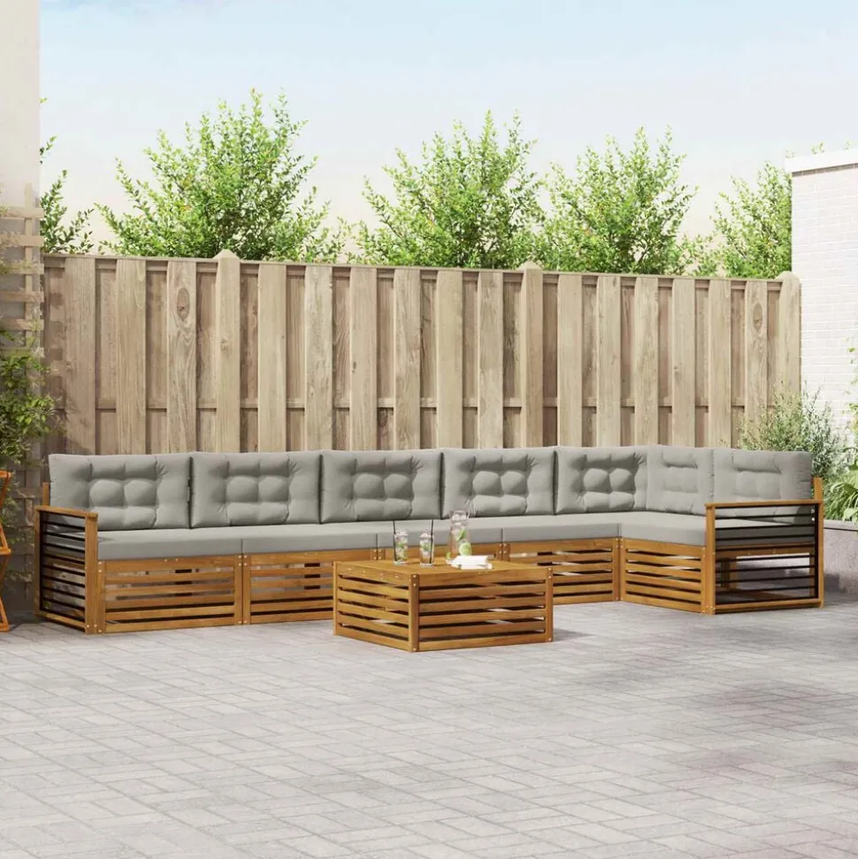 vidaXL Buiten bankenset met kussen 7 pcs Natuurlijk en Lichtgrijs