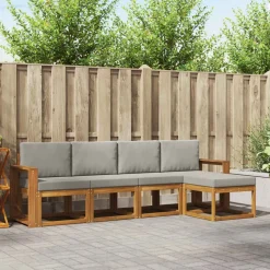 vidaXL Buiten bankenset met kussen 5 pcs Natuurlijk en Lichtgrijs