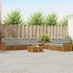 vidaXL Buiten bankenset met kussen 8 pcs Natuurlijk en Lichtgrijs