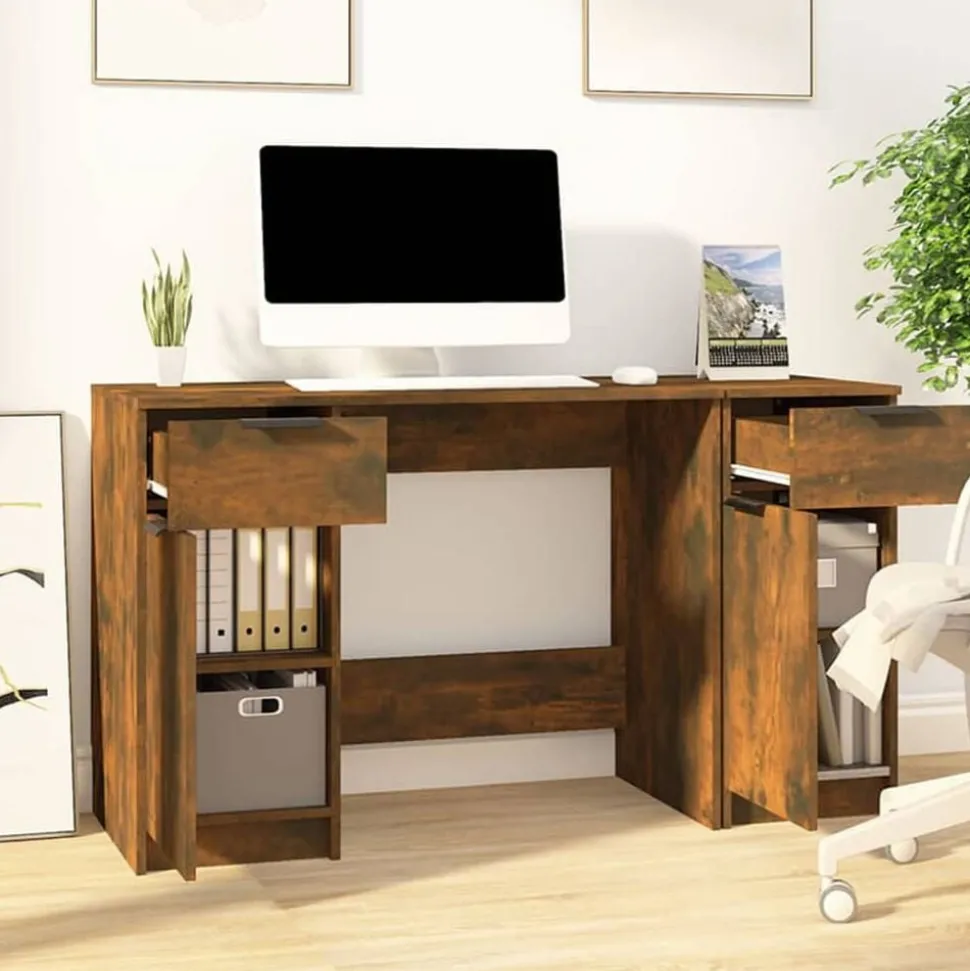 vidaXL Bureau met bijzetkast bewerkt hout gerookt eikenkleurig