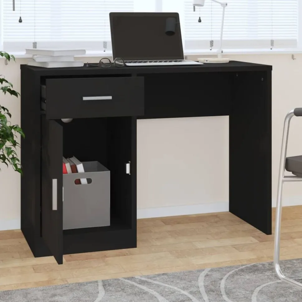 vidaXL Bureau met kast en lade 100x40x73 cm bewerkt hout zwart