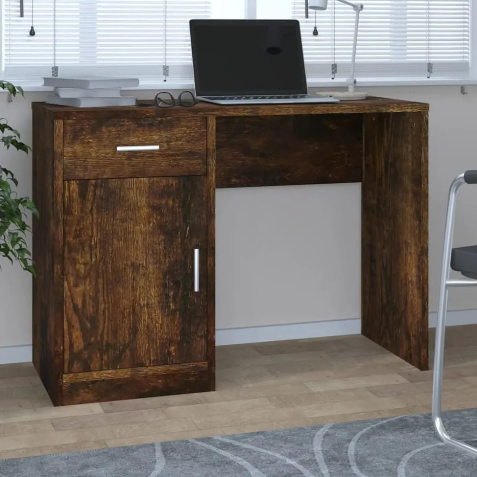 vidaXL Bureau met kast en lade 100x40x73 cm bewerkt hout gerookt eiken
