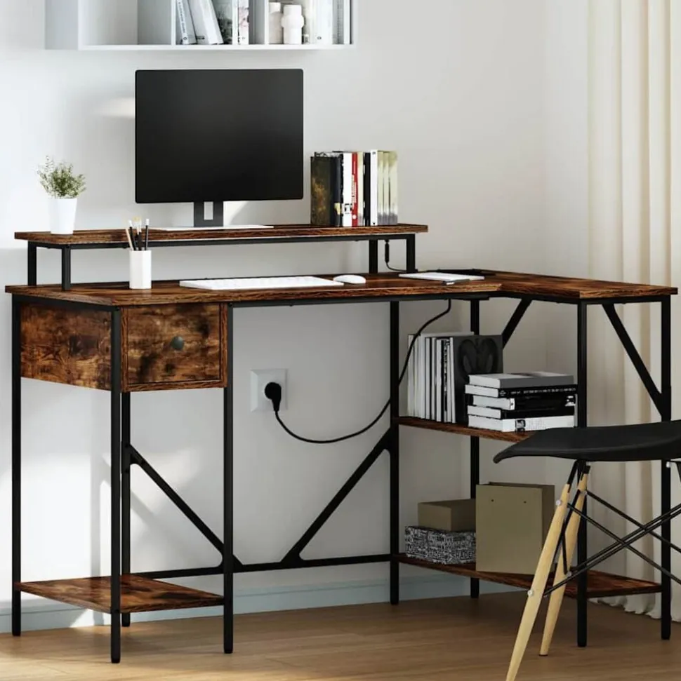 vidaXL Bureau met lade Gerookt eiken 120 x 79 x 86,5 cm Bewerkt hout