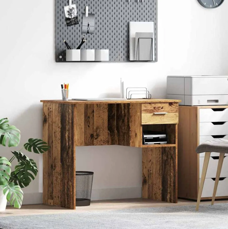 vidaXL Bureau met lade met plank Oud Hout 90 x 49 x 75 cm Bewerkt hout