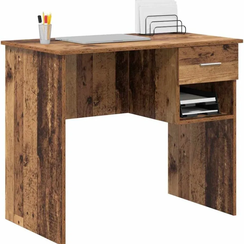 vidaXL Bureau met lade met plank Oud Hout 90 x 49 x 75 cm Bewerkt hout