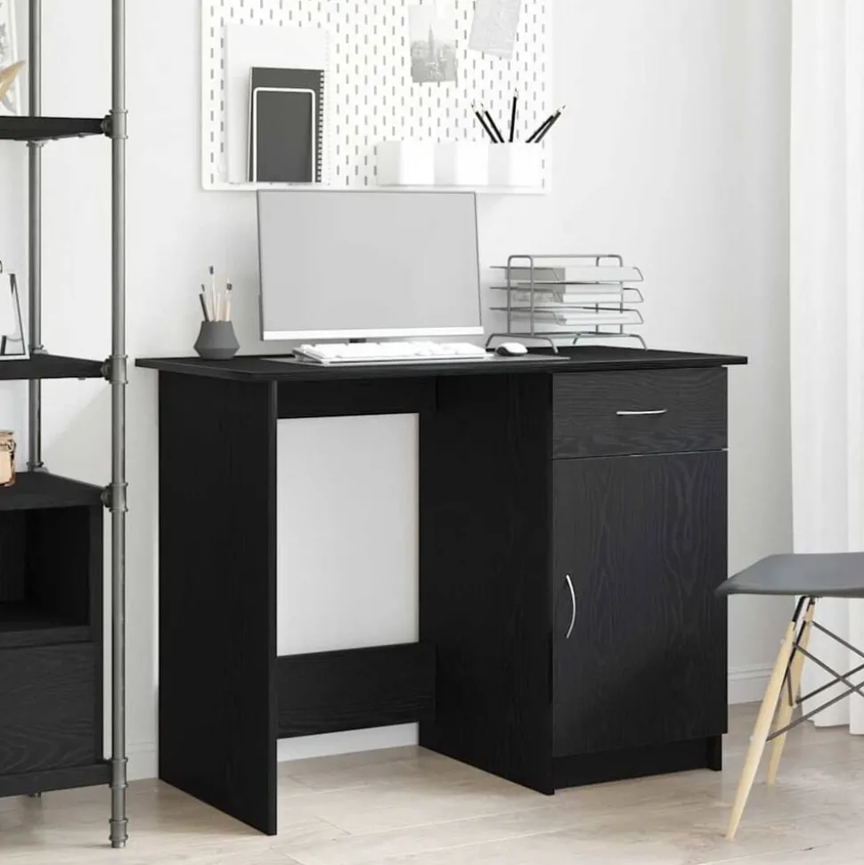 vidaXL Bureau met lade Zwart Eiken 100 x 50 x 76 cm Bewerkt hout